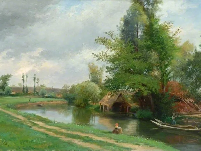 1823-Joseph Gustave Noël - River Landscape with Figures and Buildings